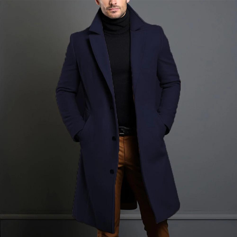 Men's camel long wool overcoat with notch lapel, classic tailored fit and timeless winter style