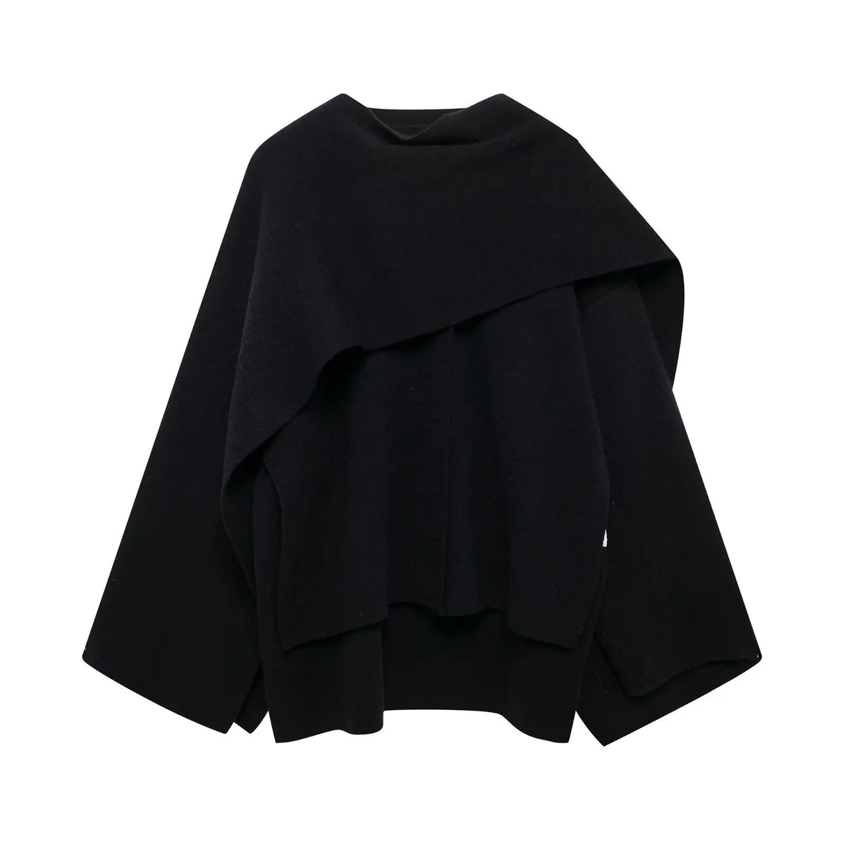 Elegant draped cape mantel in flowing silhouette with refined tailoring for versatile chic layering