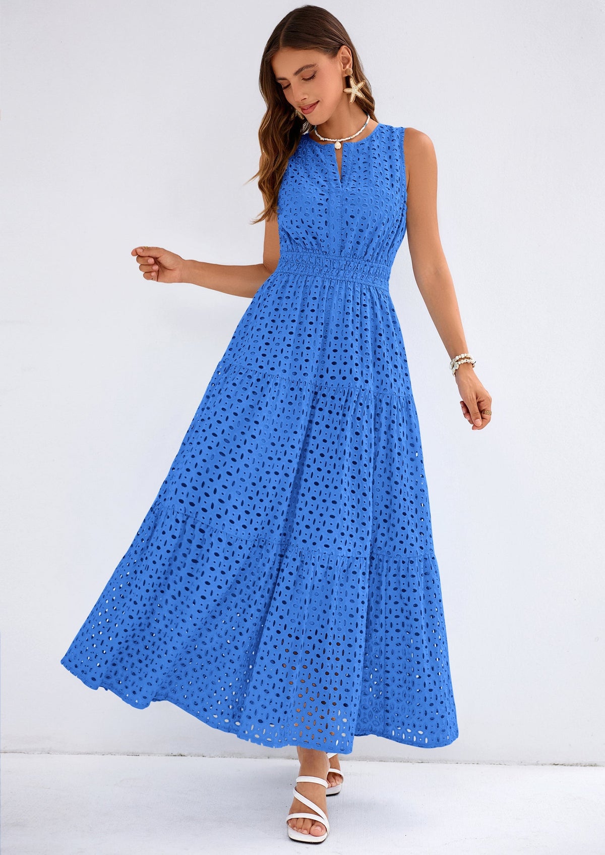 Eyelet A-Line Flowy Maxi Dress - Sleeveless, V-Neck, Beach - photo 41