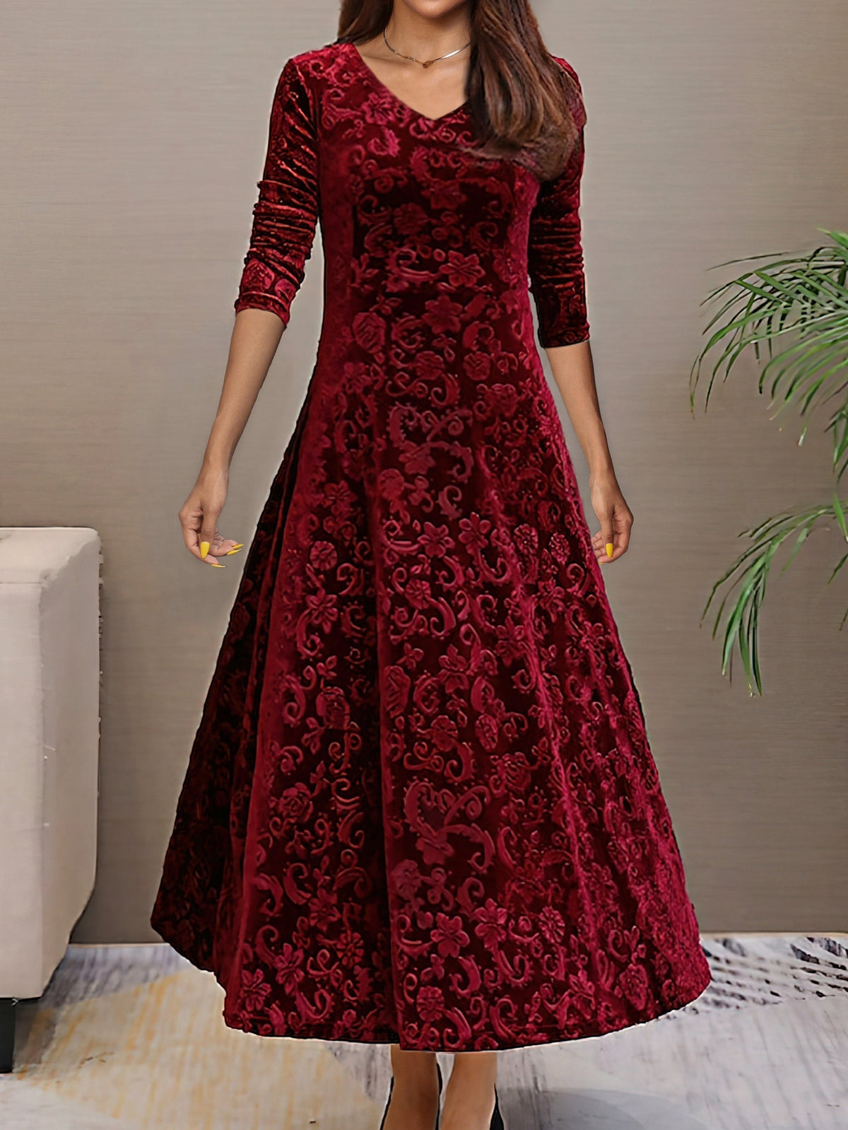 Women's velvet A-line evening dress, V-neck, 3/4 sleeves, floral pattern, rich matte sheen