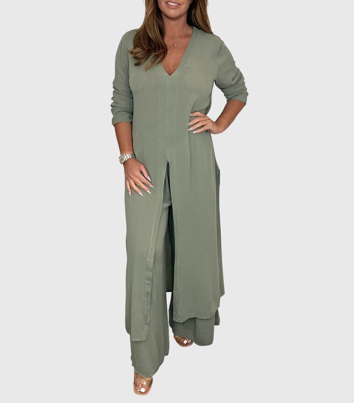 Cream open-front duster cardigan two-piece set with wide-leg pants, soft flowing silhouette