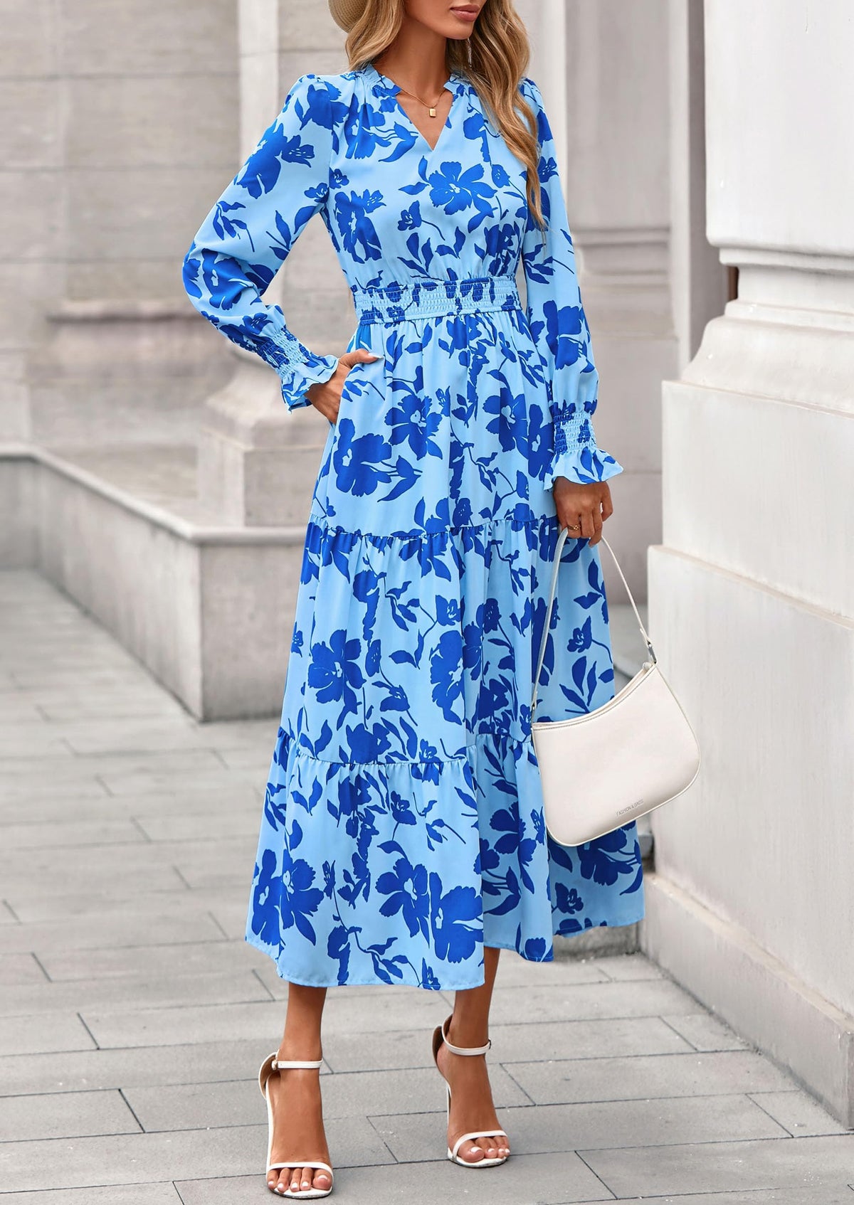 Floral A-Line Flowy Maxi Dress - Long Sleeve, V-Neck, Casual - photo 121