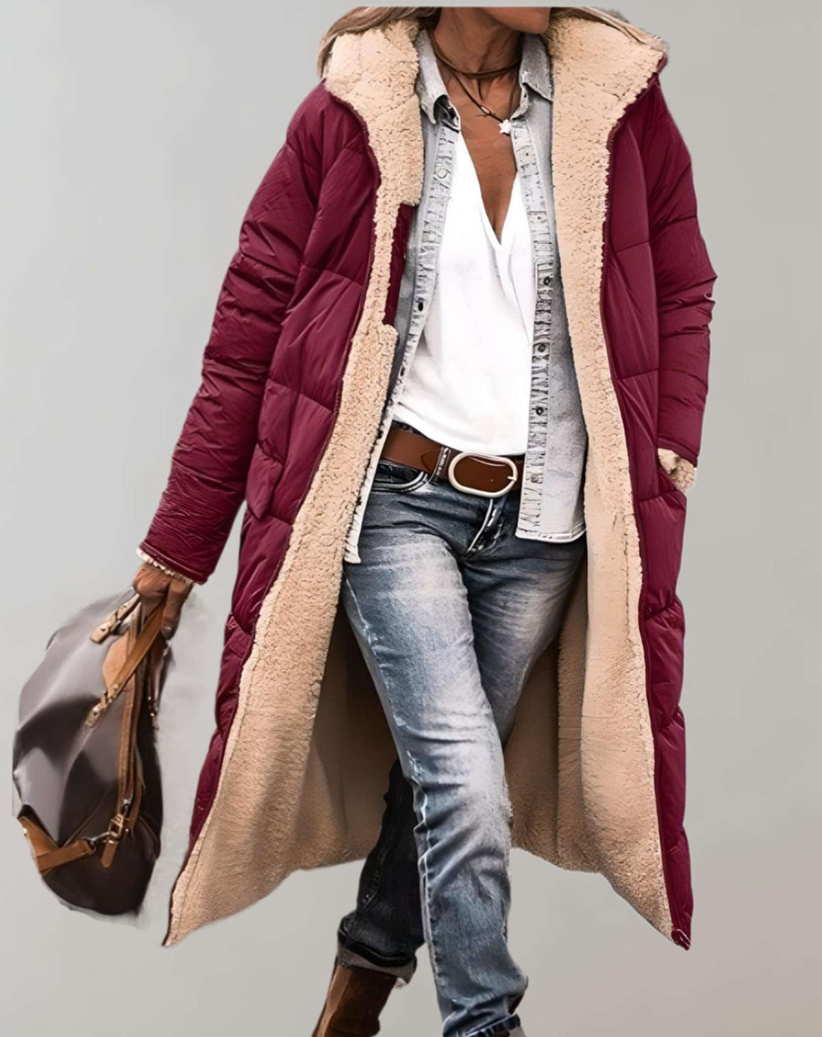 Women's full-length quilted puffer coat relaxed fit with attached hood in cozy casual style