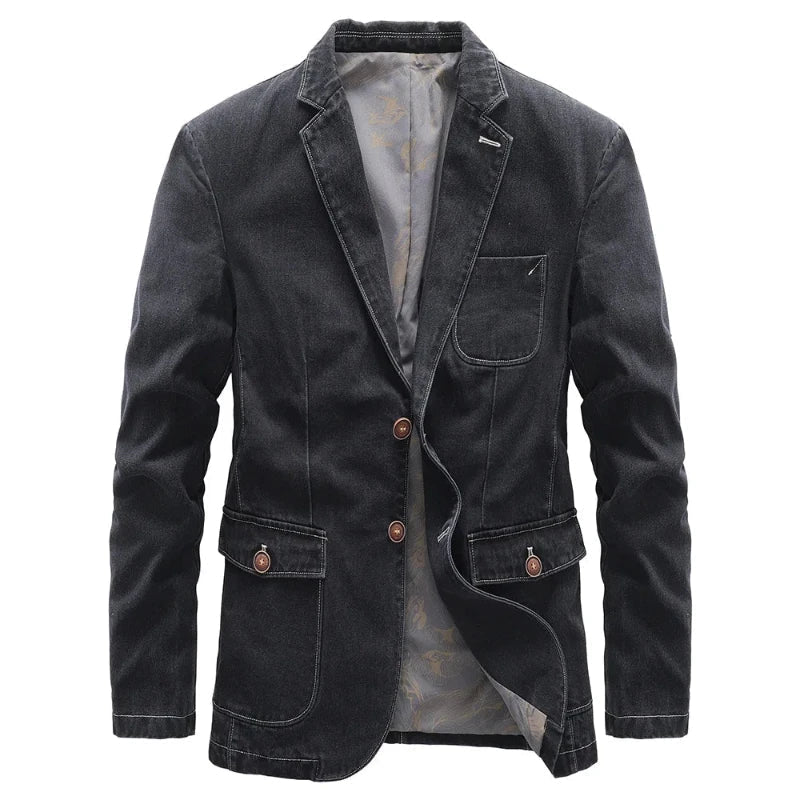 Structured blue denim blazer jacket with tailored cut and bold modern design for elevated casualwear