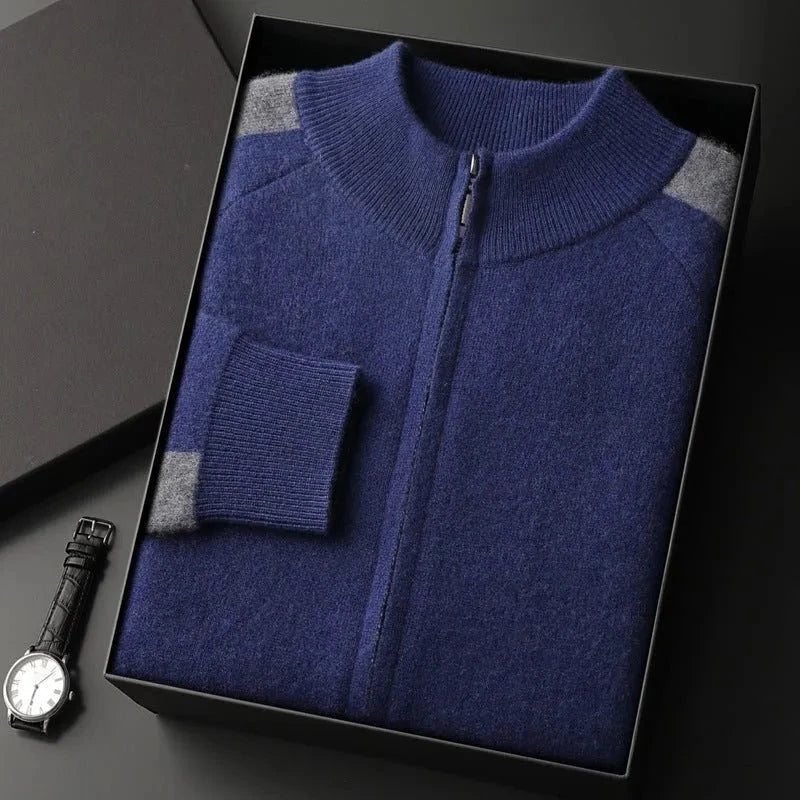 Caden grey cashmere full-zip sweater with ribbed trim and contrast shoulder accents