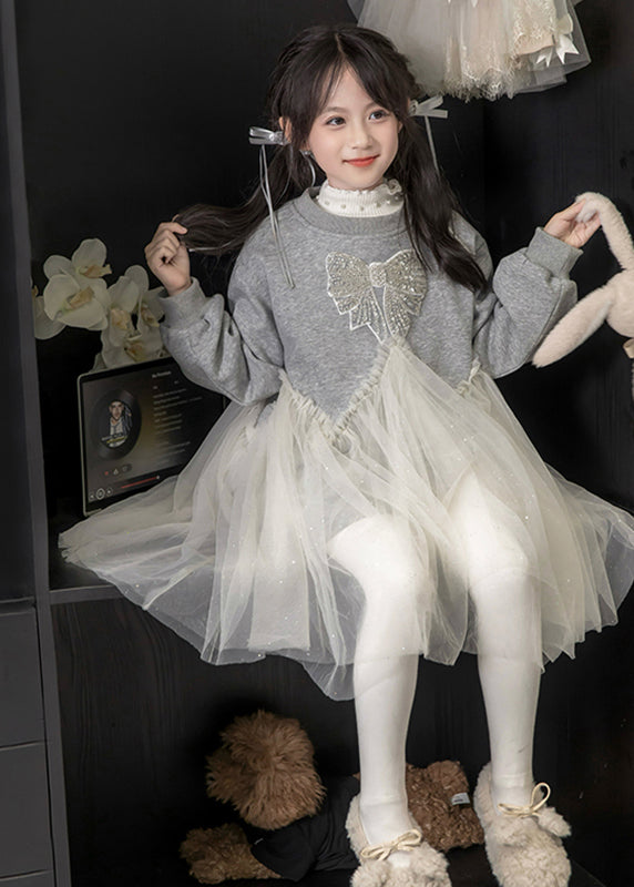 Orsenvi Grey Sequin Tulle Crew Neck Sweatshirt Dress for Kids