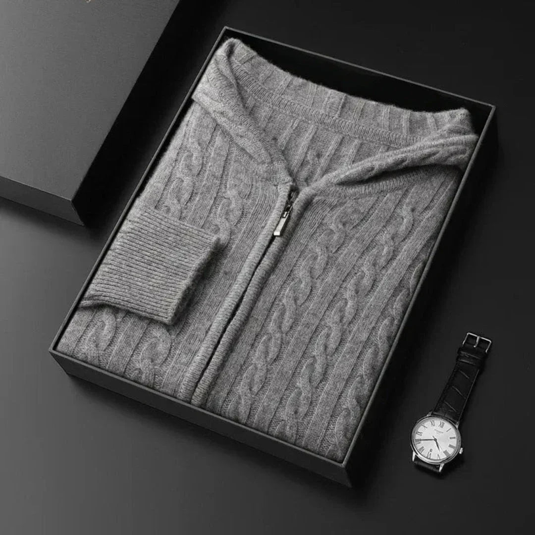 Cream cable knit wool blend hoodie sweater with full-zip closure and functional hood