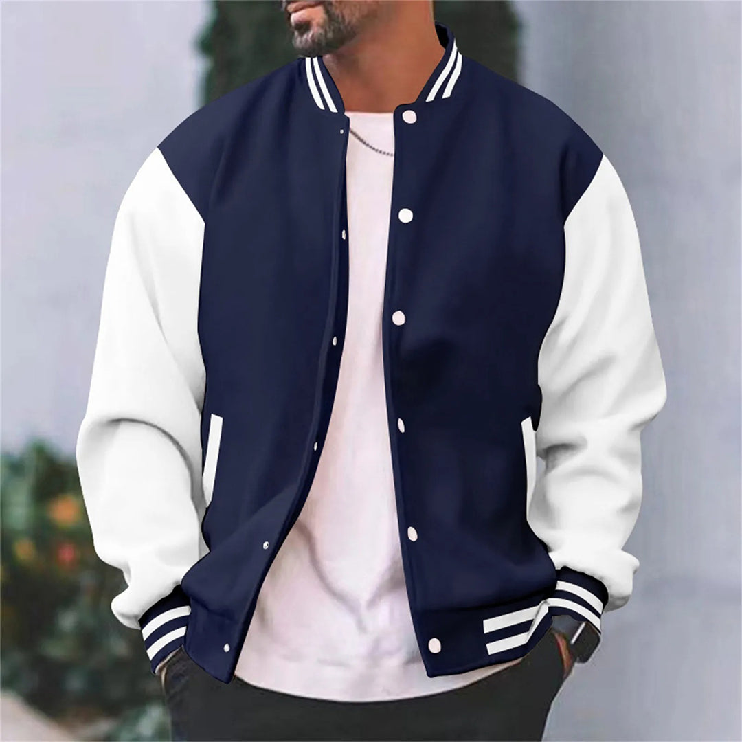 Orsenvi Timothy men's black retro varsity jacket with two-tone contrast detailing and letterman silhouette