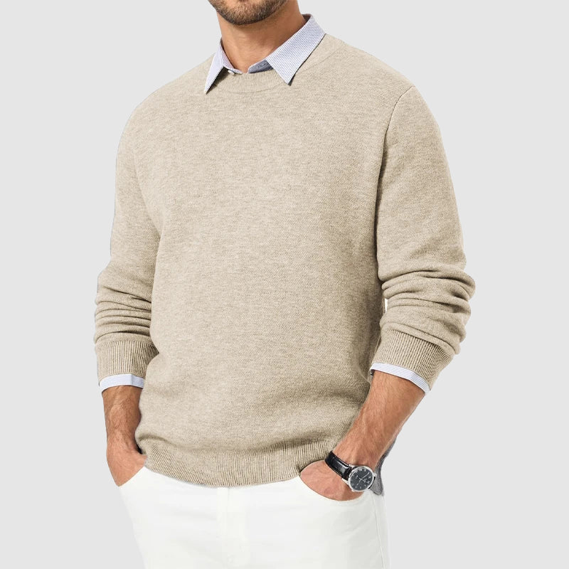 Men's regular fit crew neck knit sweater in neutral tone, smart casual layering piece by Orsenvi