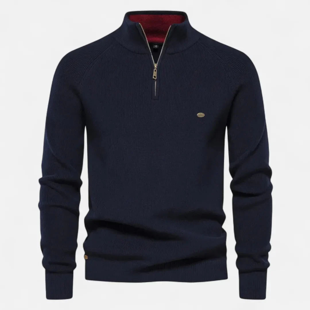 Men's navy half-zip cotton knit sweater stand collar ribbed texture everyday essential