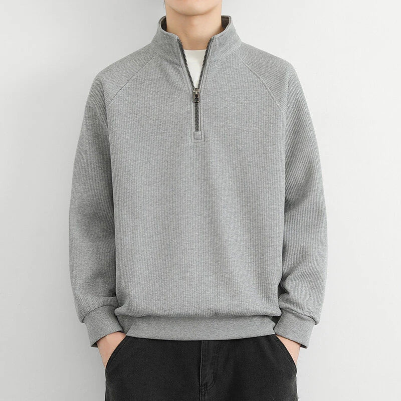 Men's winter casual quarter-zip ribbed knit sweater in neutral tone with relaxed fit for layering