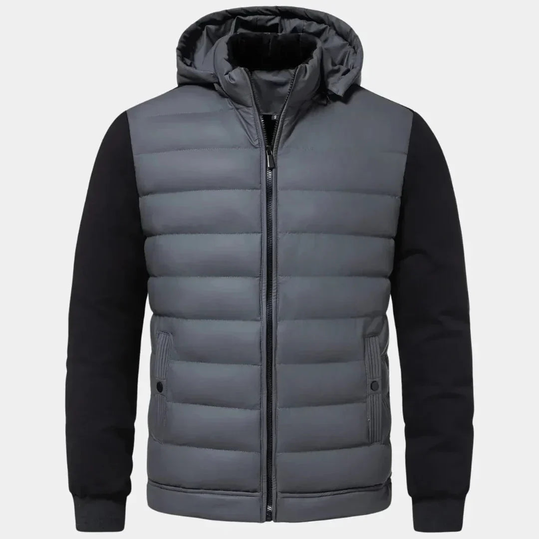 Orsenvi men's hybrid puffer jacket black quilted body soft knit sleeves detachable hood