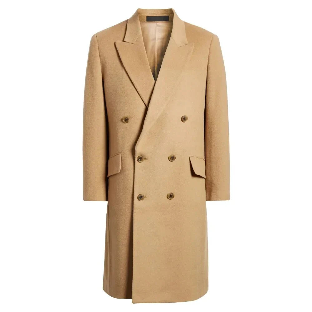 Orsenvi Men's Beige Wool Trench Coat Elongated Collar