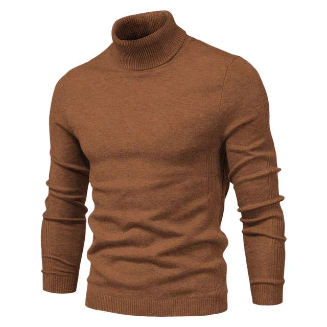 Men's warm knitted turtleneck pullover sweater, cozy high-neck silhouette in soft plush knit fabric