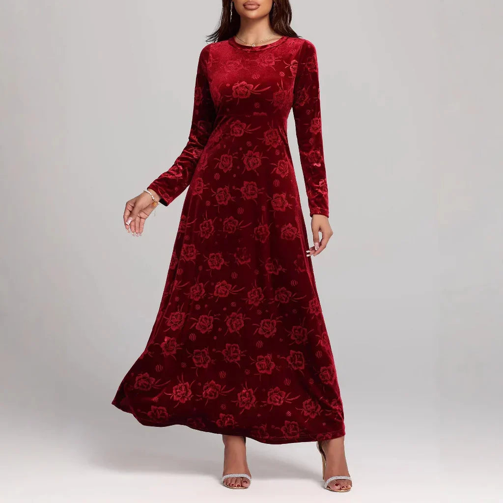 Orsenvi Velvet Floral-Embossed Maxi Dress
