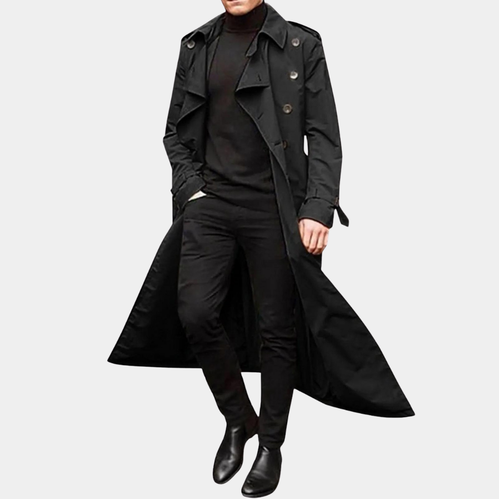 Men's vintage-inspired long trench coat by Orsenvi in classic tone with elongated commanding silhouette
