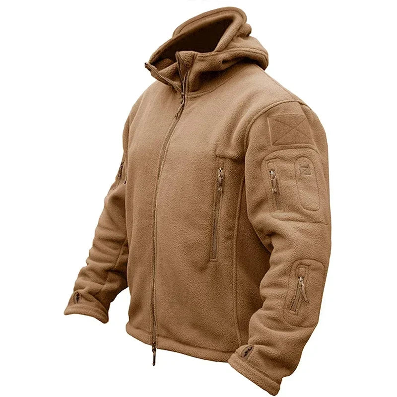 Men's dark tactical fleece jacket water-resistant rugged fit with zippered pockets for outdoor wear
