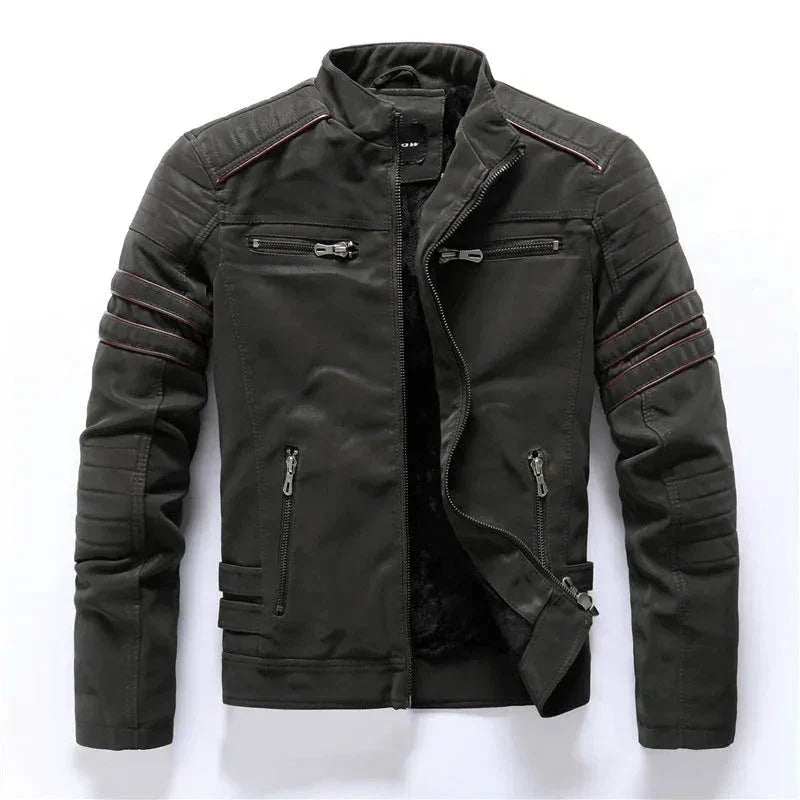 Men's black moto biker jacket weather-resistant fabric with zipper pockets slim rugged silhouette