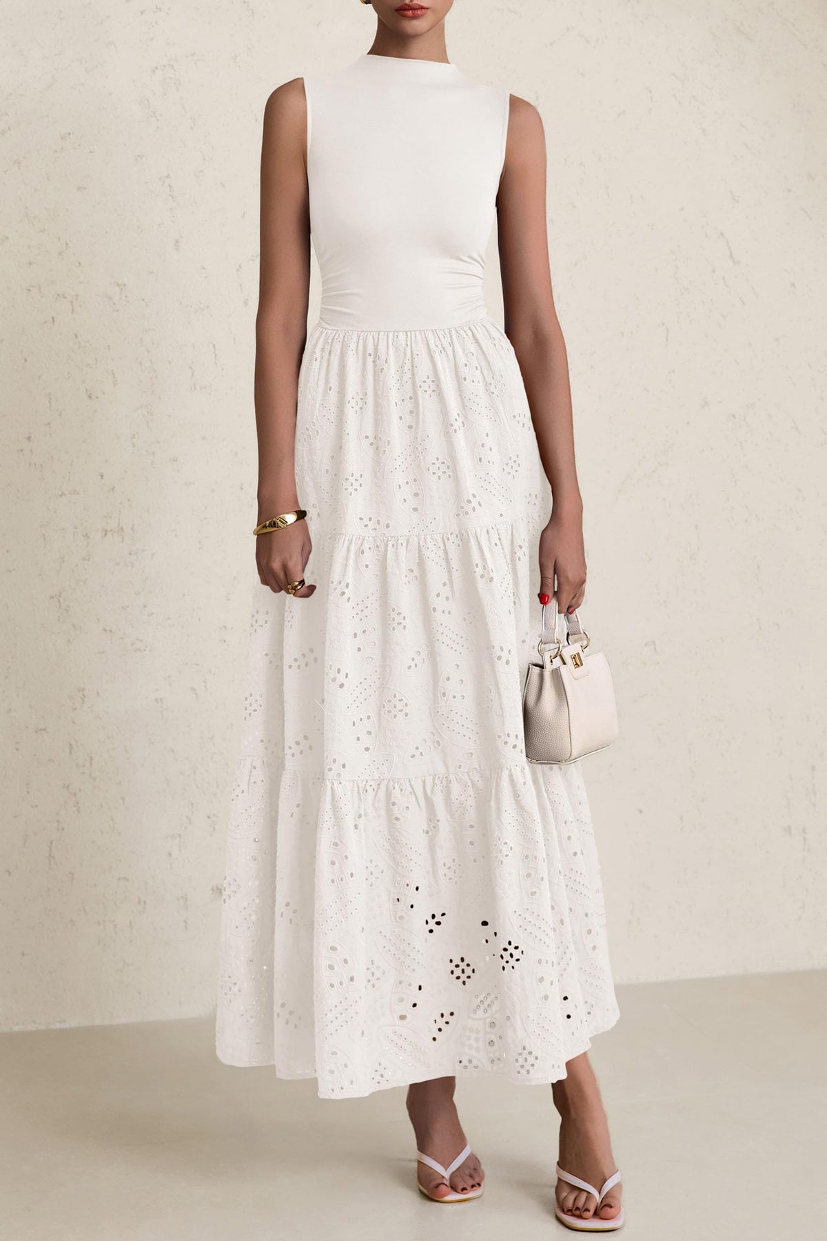 Eyelet Maxi Dress - Sleeveless, Mock Neck, Casual - photo 66