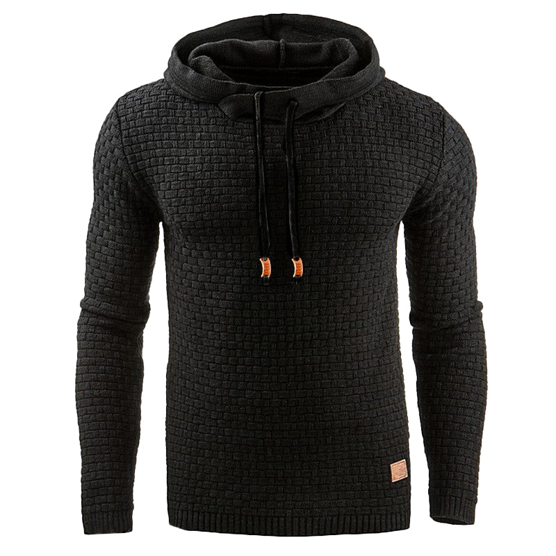 Men's gray waffle knit hoodie with drawstrings, structured cozy fit and textured fabric