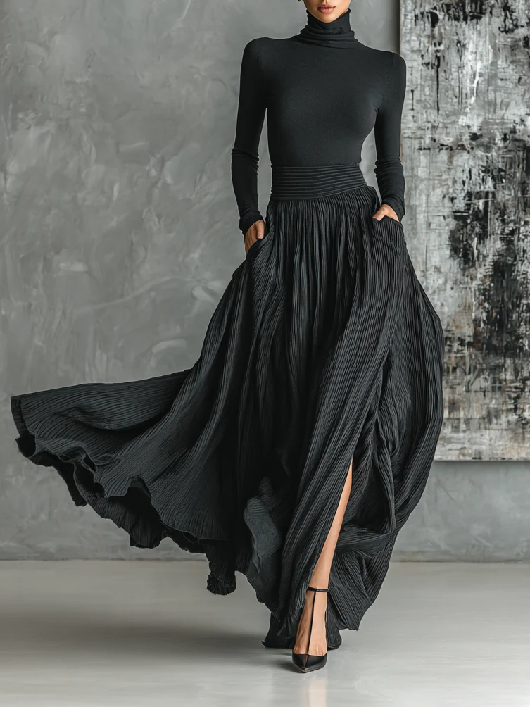 Turtleneck & Pleated Skirt Set