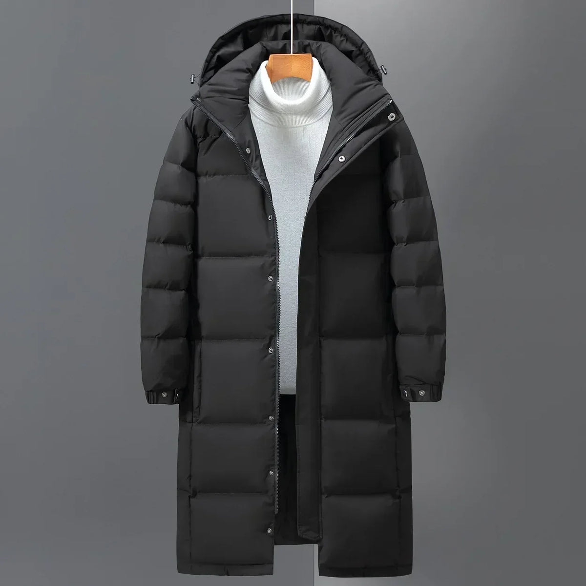 Men's black long quilted down jacket with hood, thick insulation, knee-length winter coat by Orsenvi