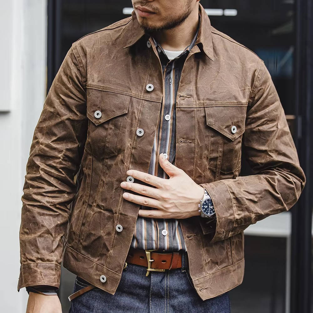 Orsenvi Men's Vintage Brown Waxed Cotton Jacket