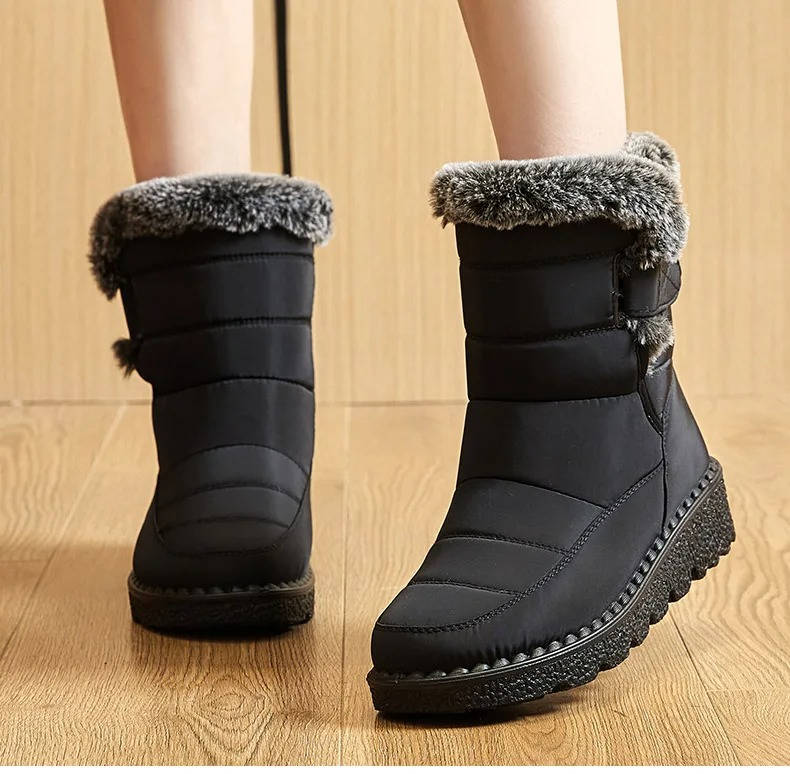 Women's waterproof insulated snow boots in neutral tones with fluffy fur lining and sealed seam construction