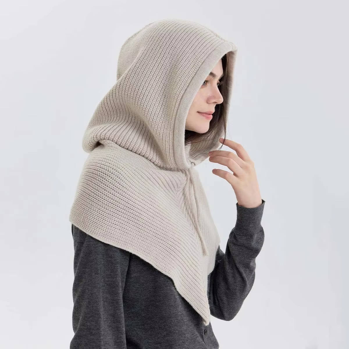 Beige knit hooded scarf hat with drawstring tie, 2-in-1 cozy winter neck coverage design