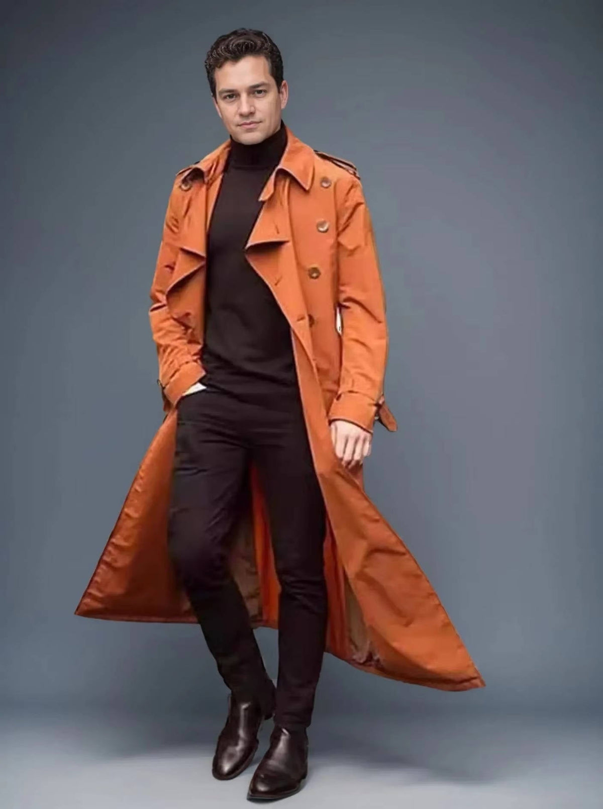 Men's double-breasted belted long trench coat solid color slim-fit overcoat for modern style