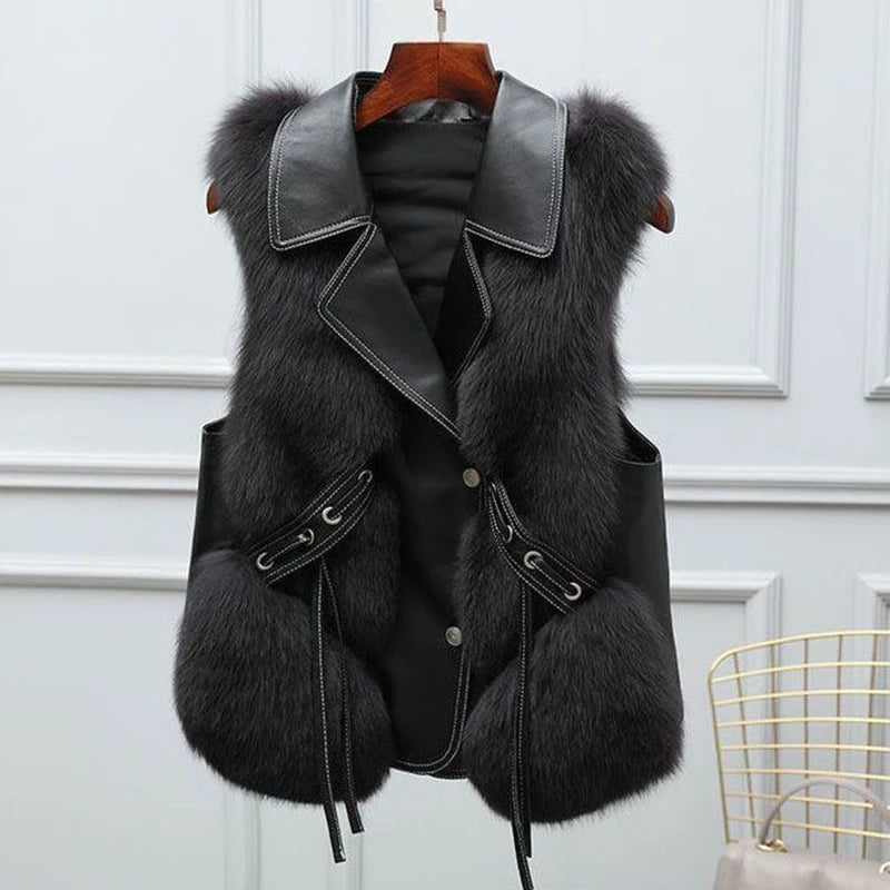 Faux fur trim leather-style vest with structured lapels and adjustable side ties for a cinched fit