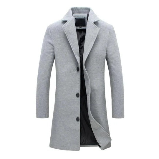 Men's long wool-blend insulated overcoat in neutral tone, slim city-ready silhouette with full-coverage length