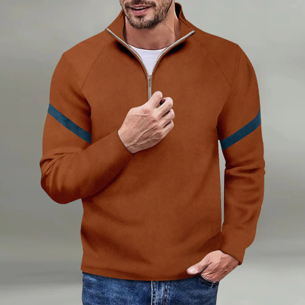 Men's wool blend relaxed fit pullover sweater with quarter zip and striped raglan sleeves