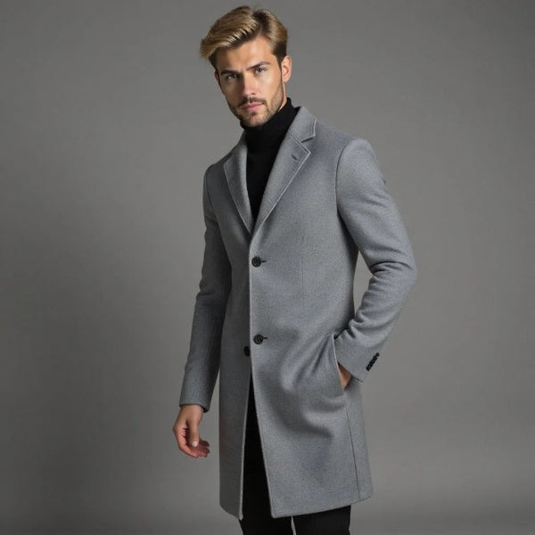 Men's charcoal wool blend long coat tailored fit single-breasted professional winter outerwear