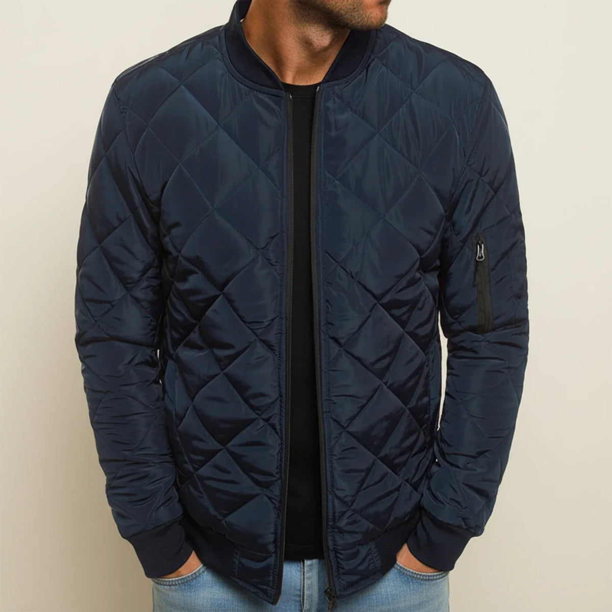 Men's black diamond quilted bomber jacket ribbed collar cuffs zip closure everyday wear