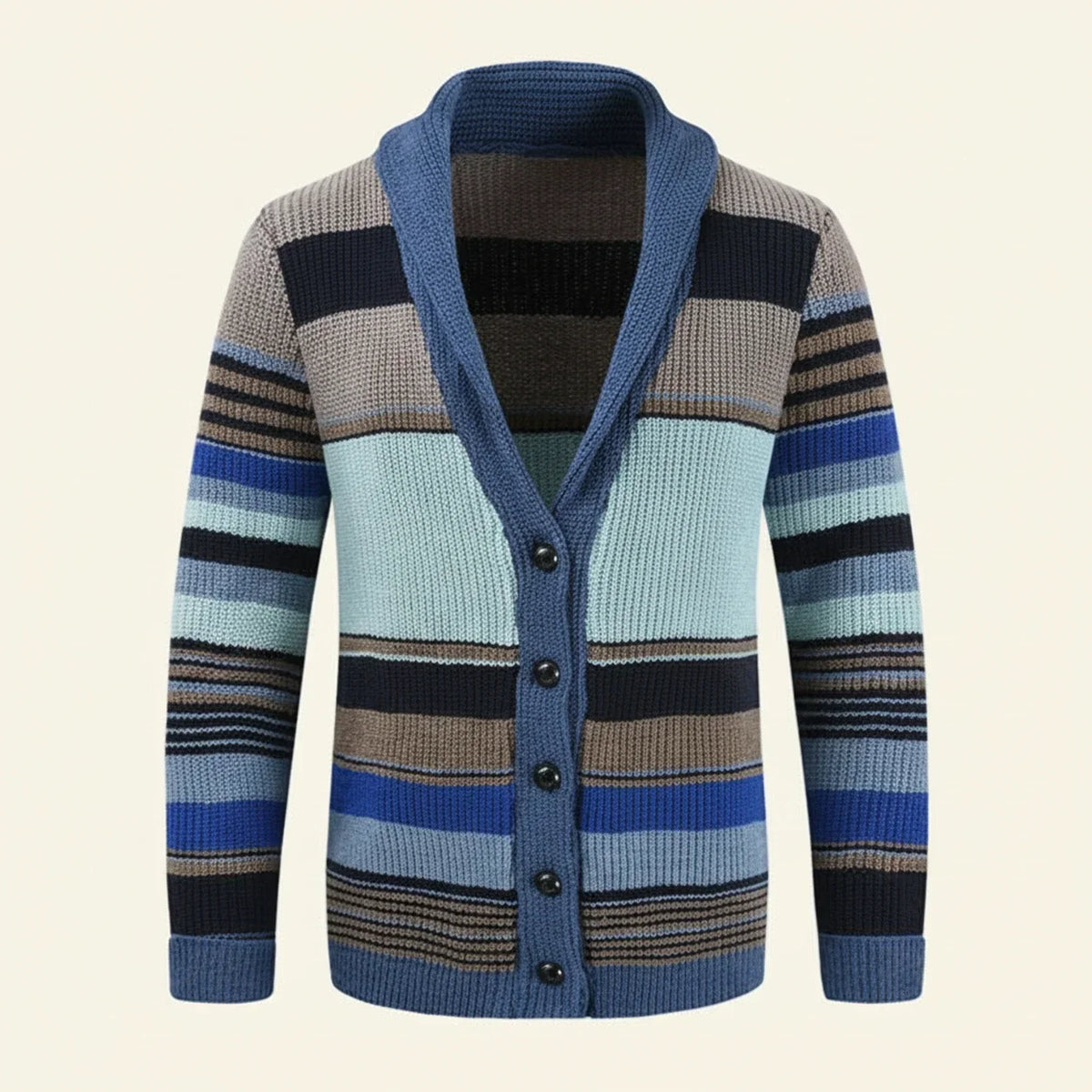 Men's multicolor striped shawl collar cardigan sweater with button front and ribbed knit trim