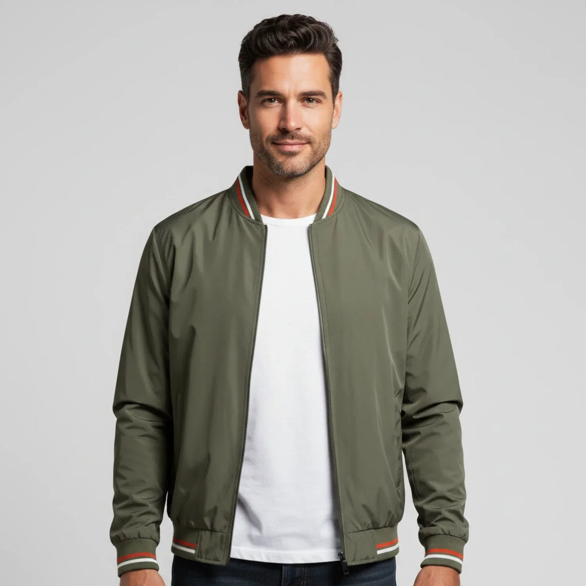 Men's lightweight navy bomber jacket with stand collar and full-zip front for versatile layering