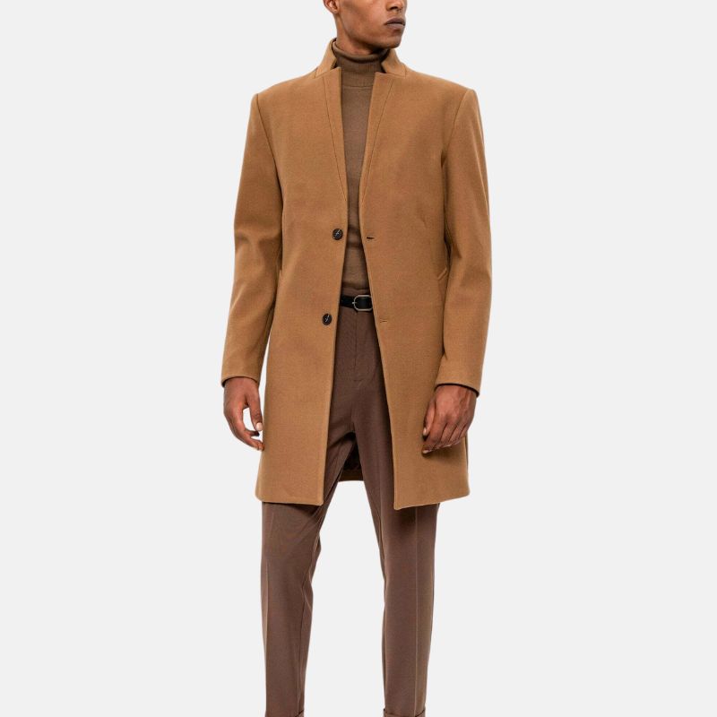 Orsenvi Men Camel Wool Coat Short Single Breasted Classic
