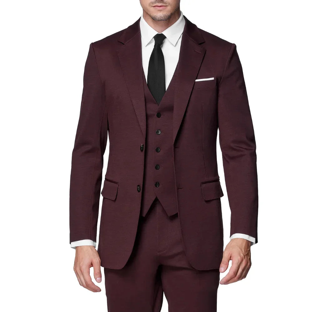 Orsenvi Men's Burgundy Slim Fit Wool Solid Formal Three Piece Suit