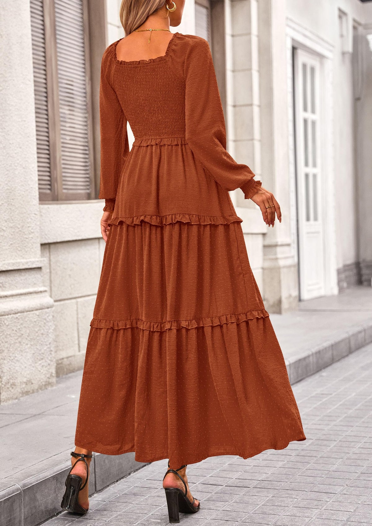 Beige Swiss Dot Smocked Tiered Maxi Dress - Long Sleeve, photo 59