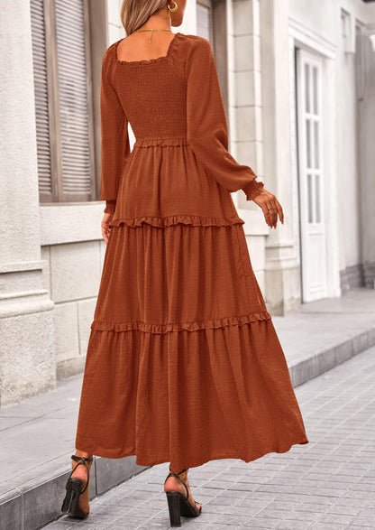 Beige Swiss Dot Smocked Tiered Maxi Dress - Long Sleeve, photo 59
