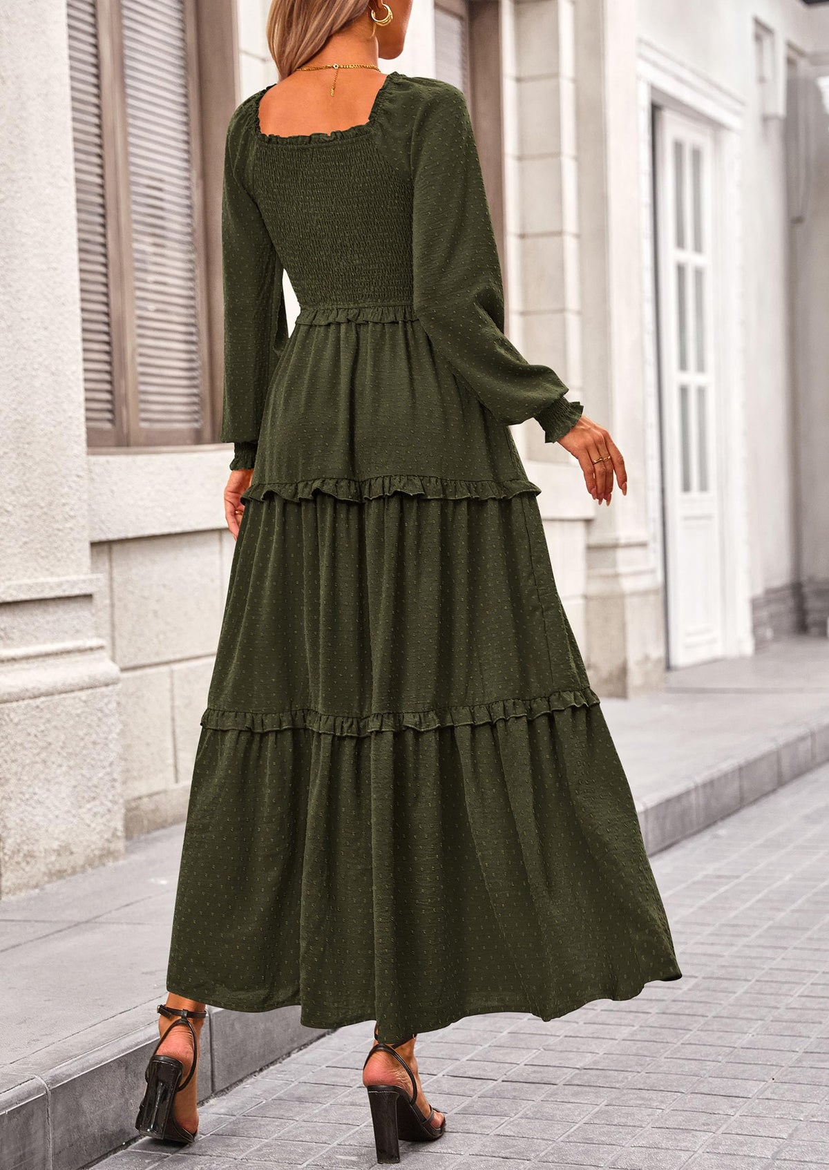 Beige Swiss Dot Smocked Tiered Maxi Dress - Long Sleeve, photo 43