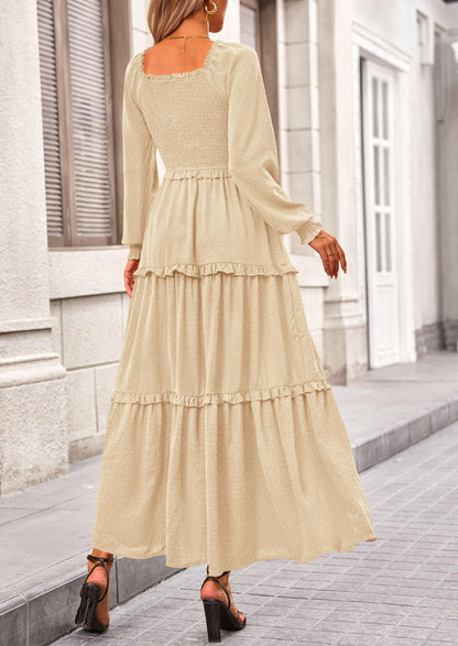 Beige Swiss Dot Smocked Tiered Maxi Dress - Long Sleeve, photo 2