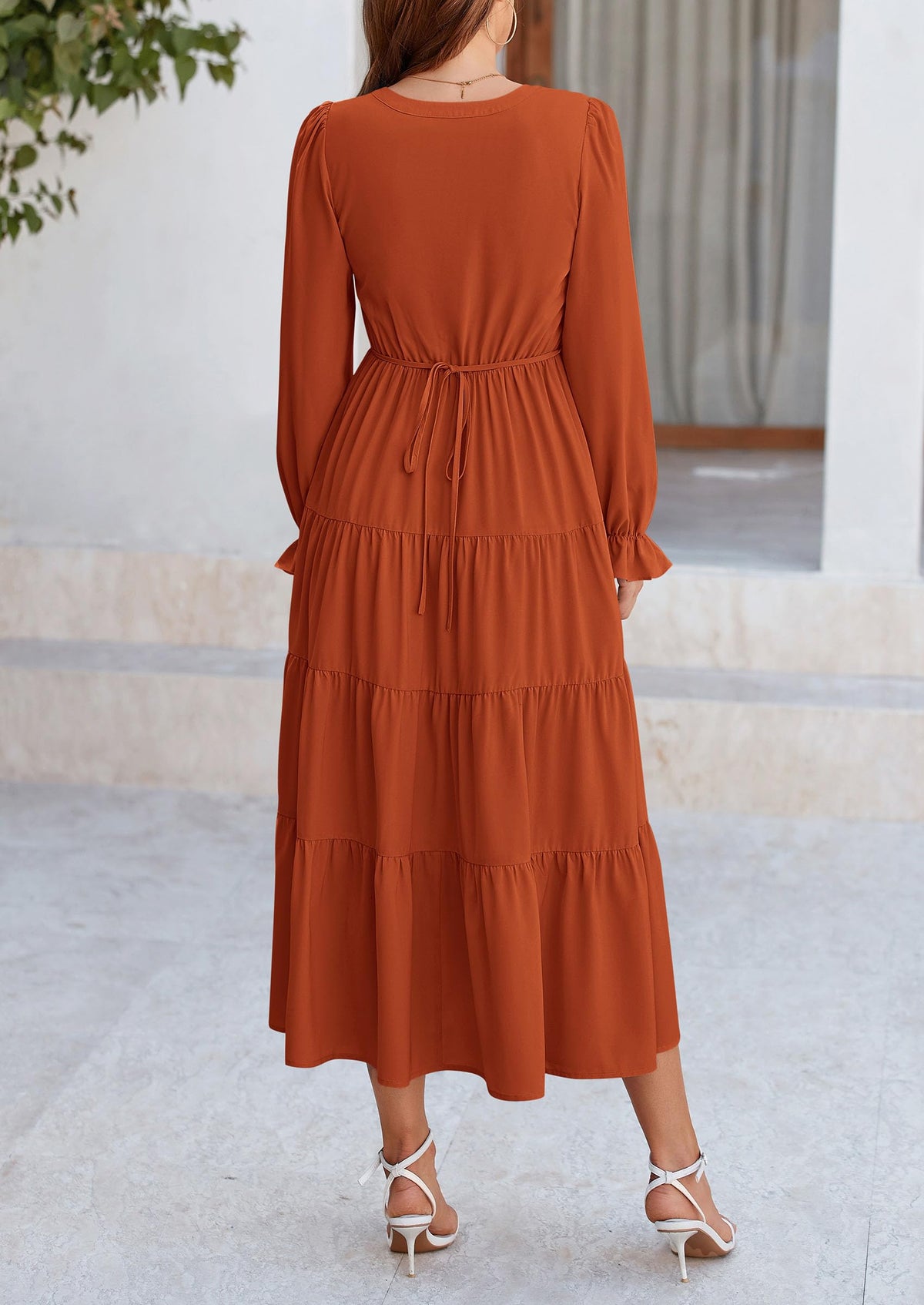 Brick Red Swiss Dot Smocked Tiered Maxi Dress - Long Sleeve, photo 2