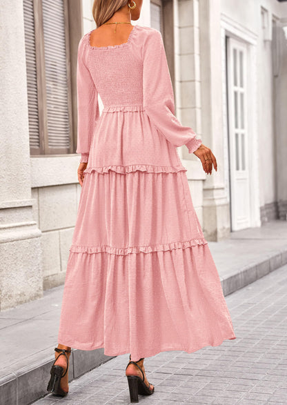 Beige Swiss Dot Smocked Tiered Maxi Dress - Long Sleeve, photo 11