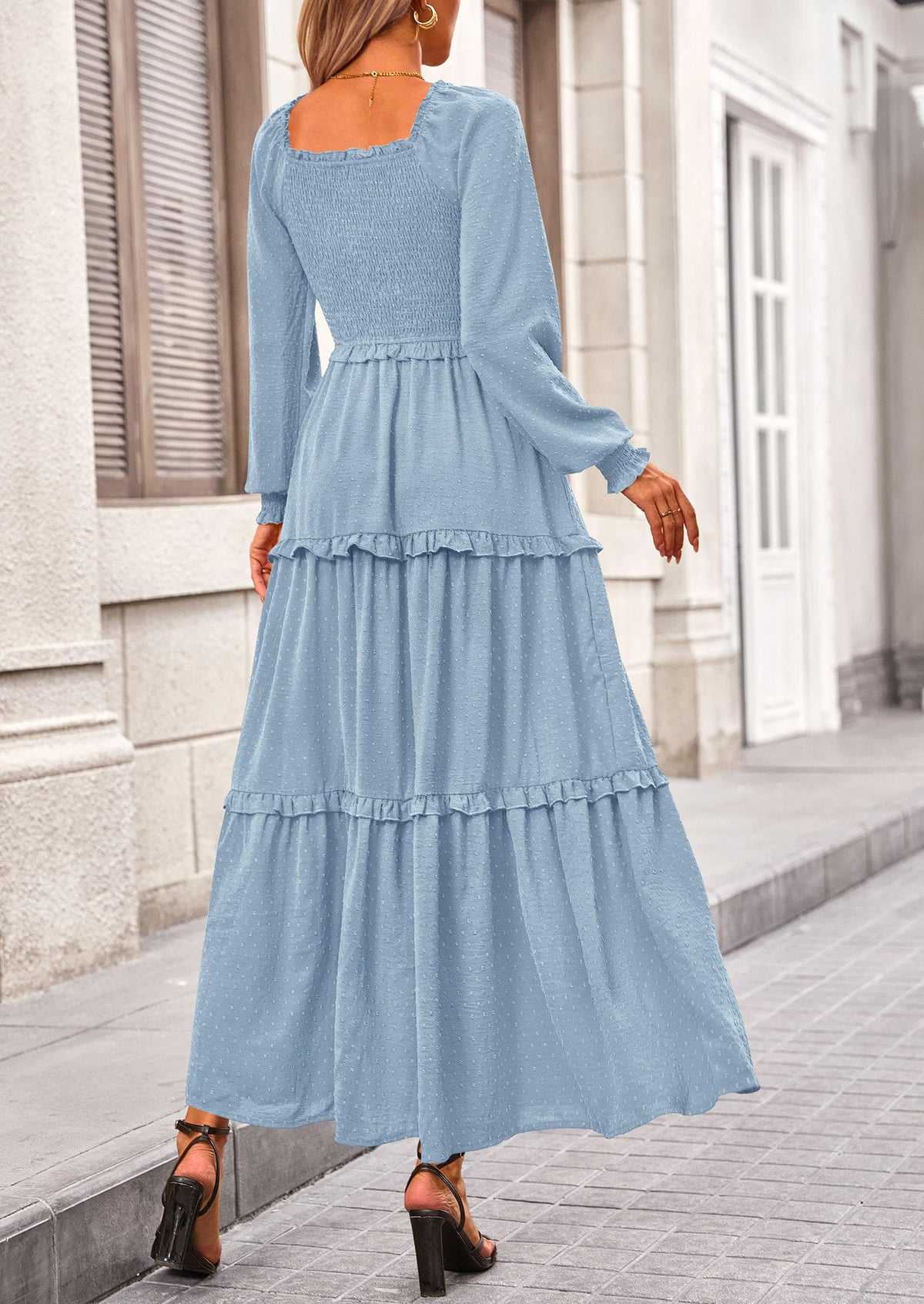 Beige Swiss Dot Smocked Tiered Maxi Dress - Long Sleeve, photo 51