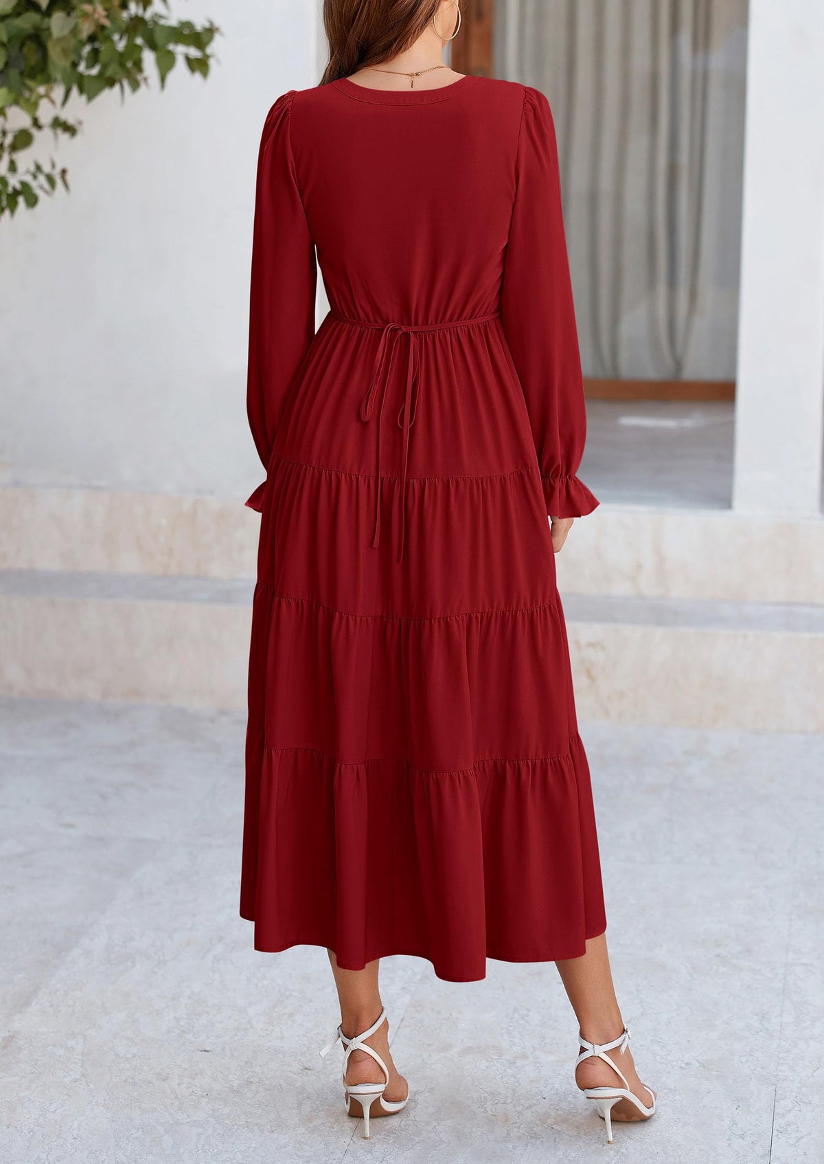 Brick Red Swiss Dot Smocked Tiered Maxi Dress - Long Sleeve, photo 59