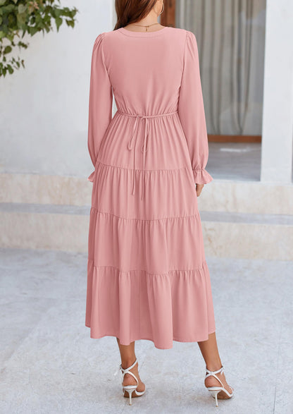 Brick Red Swiss Dot Smocked Tiered Maxi Dress - Long Sleeve, photo 27