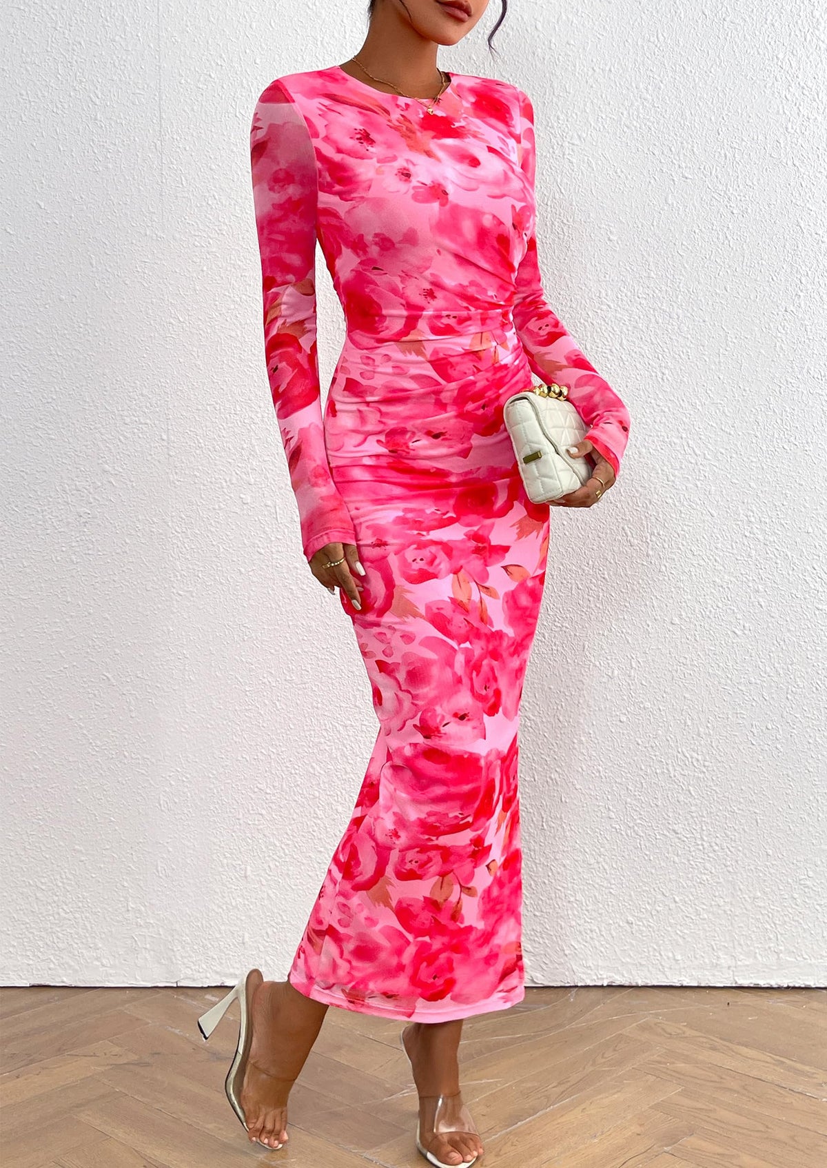 Floral Bodycon Ruched Maxi Dress - Long Sleeve, Party - photo 17
