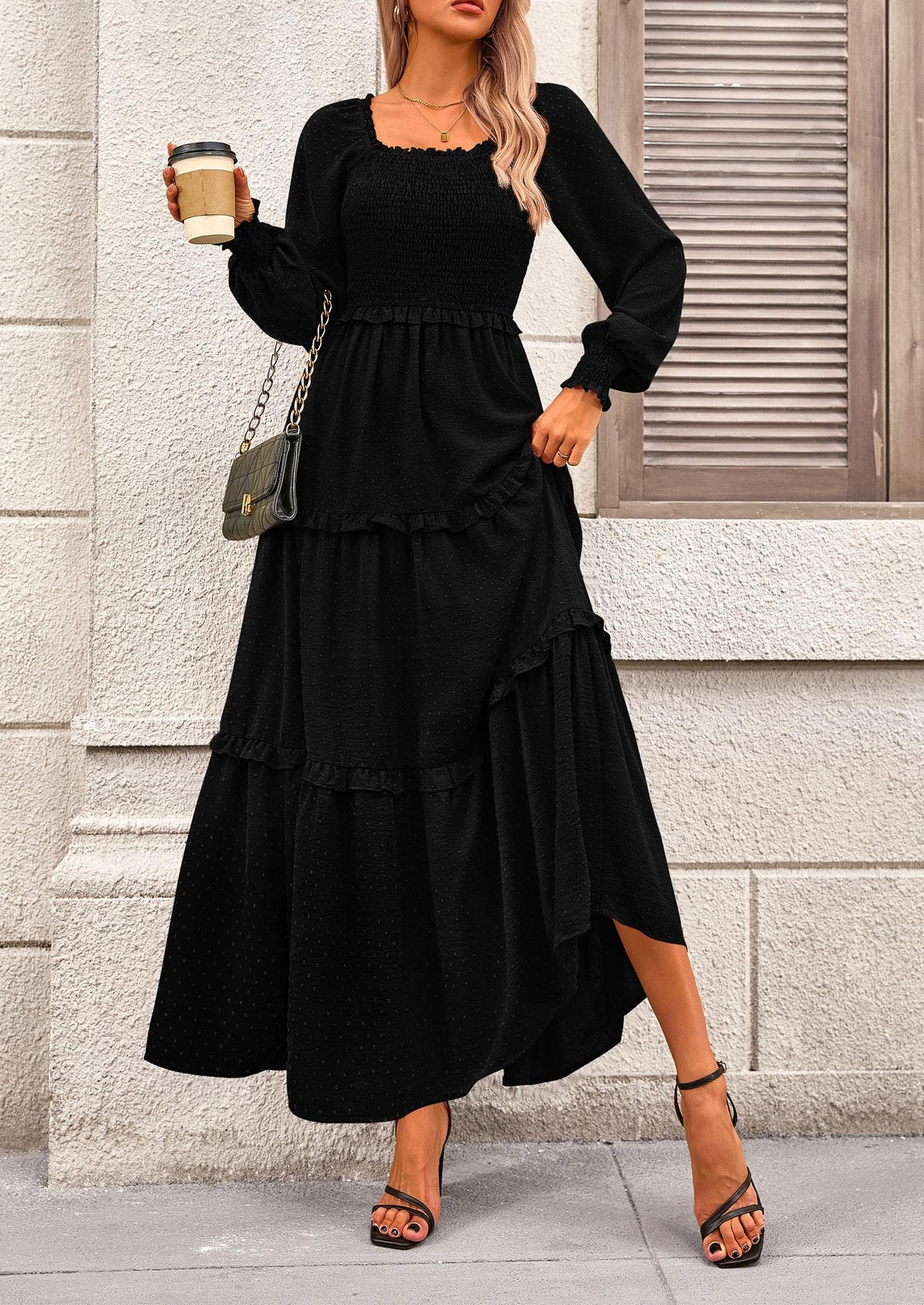Beige Swiss Dot Smocked Tiered Maxi Dress - Long Sleeve, photo 28